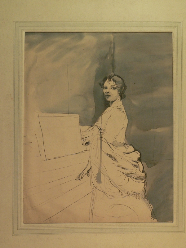 M 86. Lady standing at piano,  3/4 length