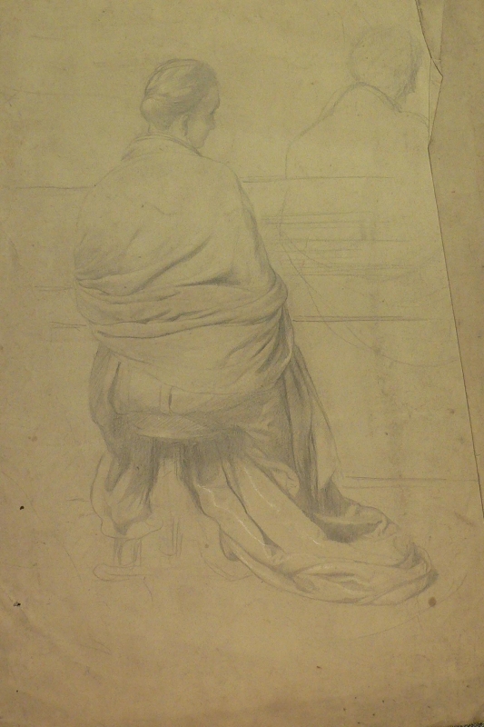 M 83. Recto Study of a lady seated on a piano stool  Drapery study.  Verso Drapery study