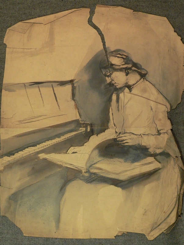 M 84 lady seated reading at the piano.