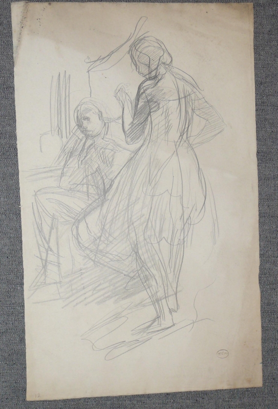 12ch Pencil sketch of a ballerina standing, man sitting