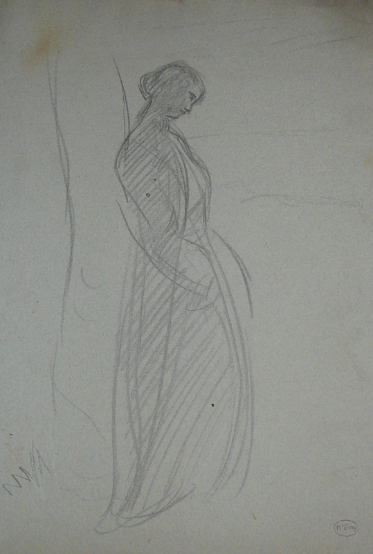 99ch  Standing Woman in  long dress, looking down