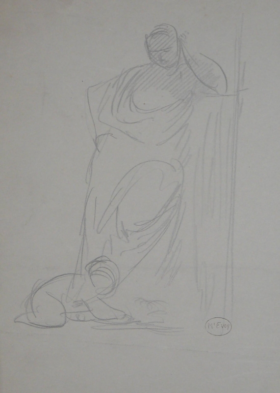 111ch Pencil sketch of woman standing with child kneeling at her feet