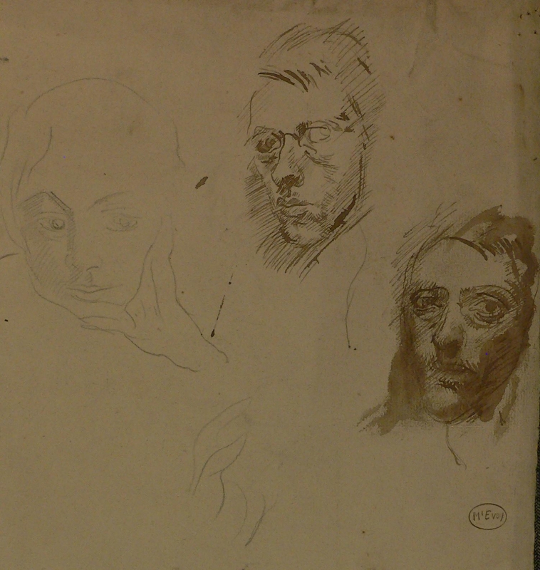 Recto:  Self-portrait pen & ink  sketches,   V self portrait pencil  sketch   387ch