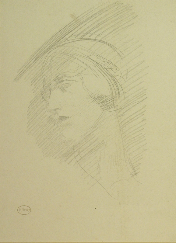 Cloche hat: Portrait of a woman in profile, pencil sketch.