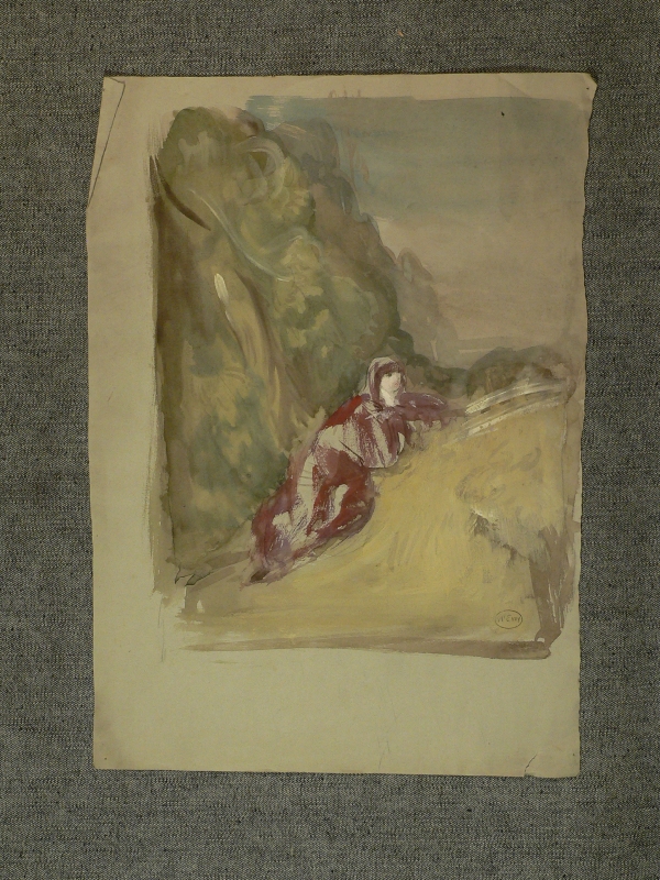 Woman reclining in a hilly landscape