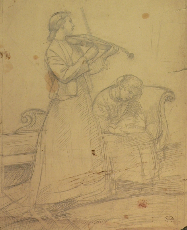 433 Pencil sketch, woman on violin and another seated