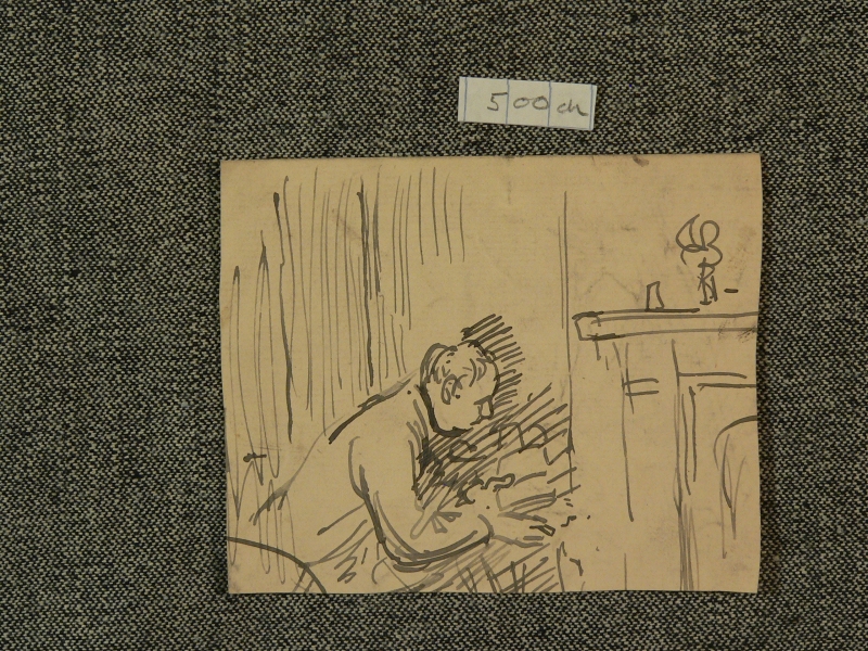 Ink sketch, woman warming her hands by a fireplace. verso  scrubbing floor