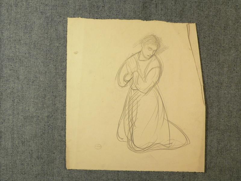 Pencil sketch, woman kneeling in prayer