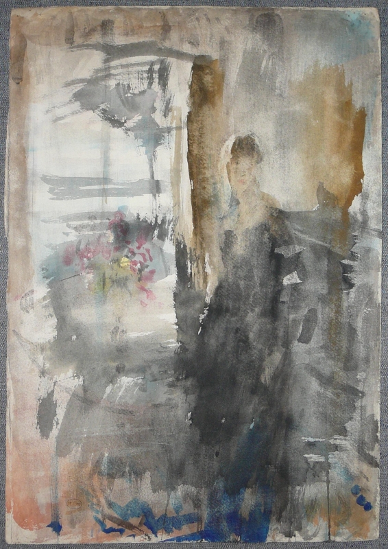 Watercolour sketch of woman standing, flowers in background