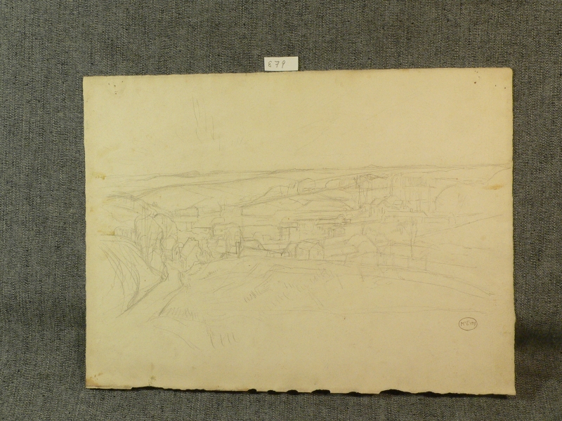 Pencil landscape, view of a village from above