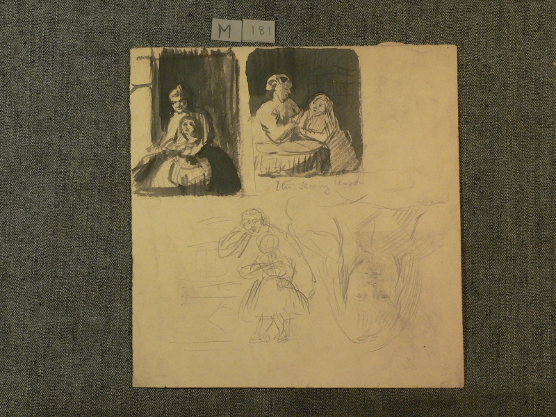 Recto:2 preliminary sketches \"the sewing lesson verso quick figure studies