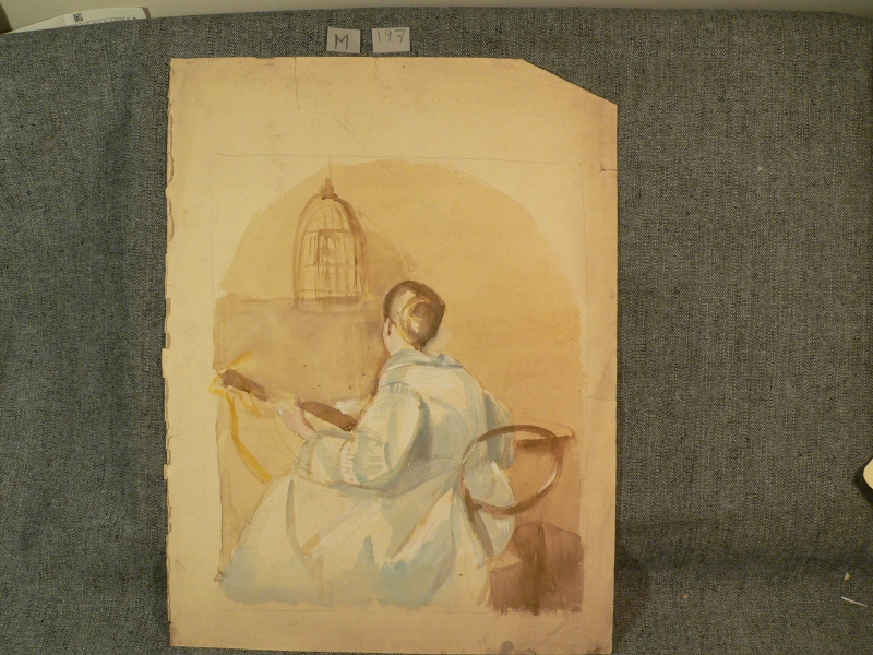 M 197  Watercolour, woman, guitar and birdcage