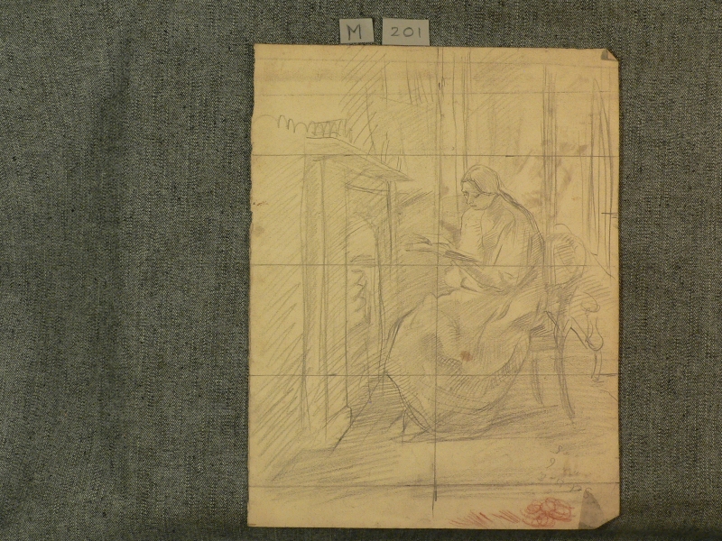 M 201 Pencil sketch, woman reading by fireplace