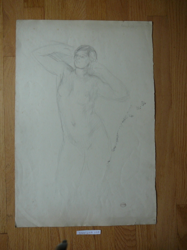 Nude facing with arms raised