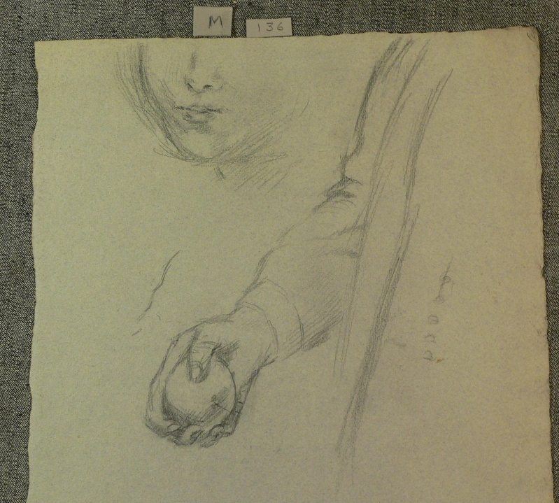 m 136. Sheet with a drawing of lower part of child's head and hand with apple.