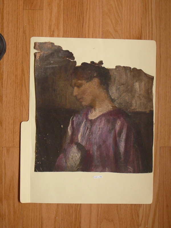 Lady in Violet tunic, head in profile, canvas partly rotted