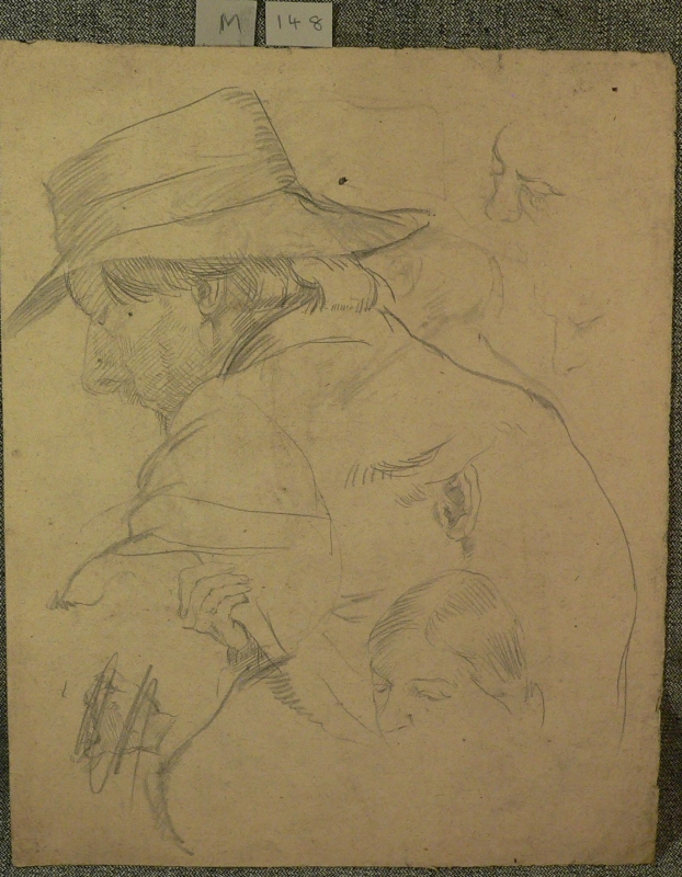 Page of sketches.. Pencil study of man in hat + several other smaller