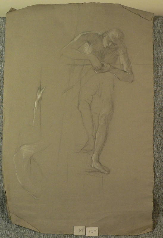 Figure study of a man descending stairs leaning forwards