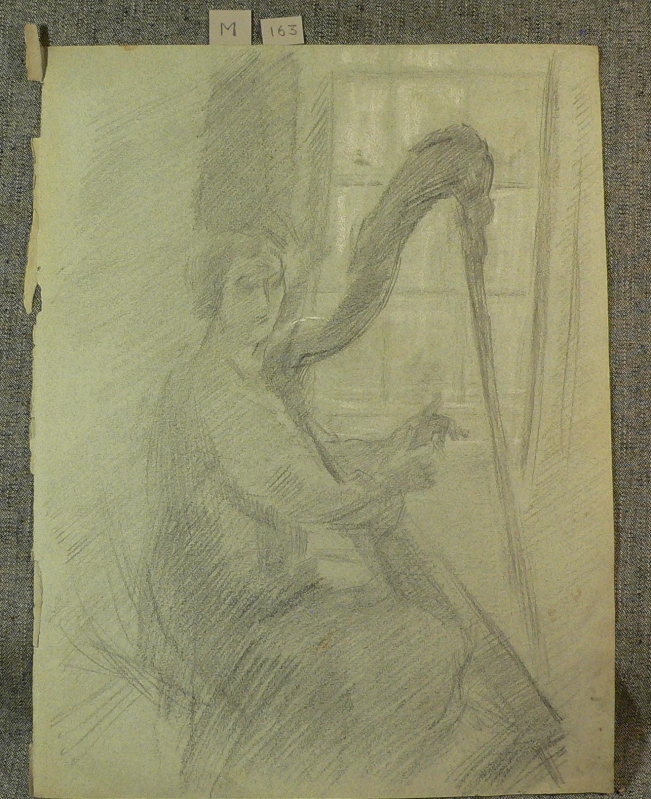 Lady with harp in front of a window