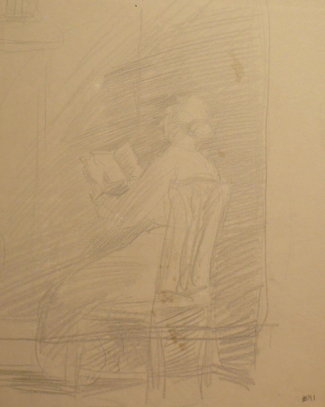 Recto: Rear view of a lady reading, rear lit.  Verso: seated lady facing a bird cage