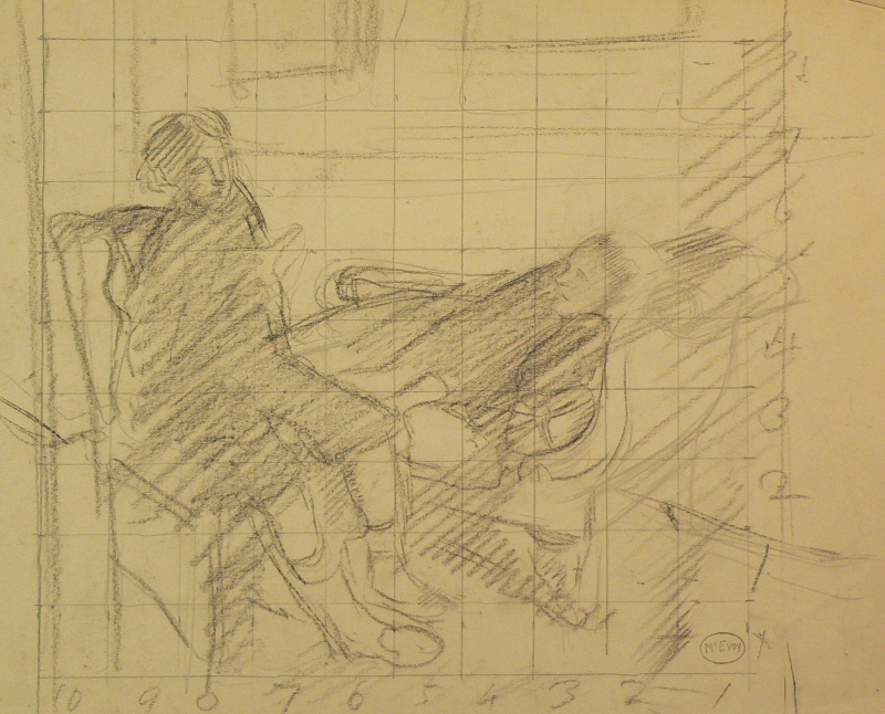 DRA/342 Pencil sketch of two women, prelim for 'The Convalescent' on grid