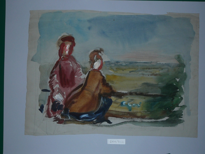 Landscape, two ladies in foreground seated with a raling