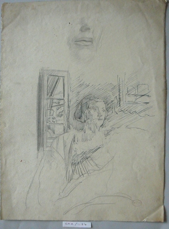 Mrs  Lousada pen & ink drawing below a pencil study of the lower part of the face.. DRA/1184