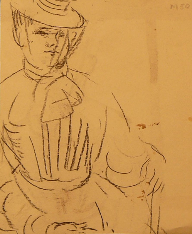 Recto: Drawing of lady seated with hat and veil ......Verso  watercolour idem