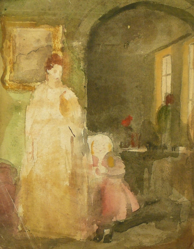 Interior, lady with two children