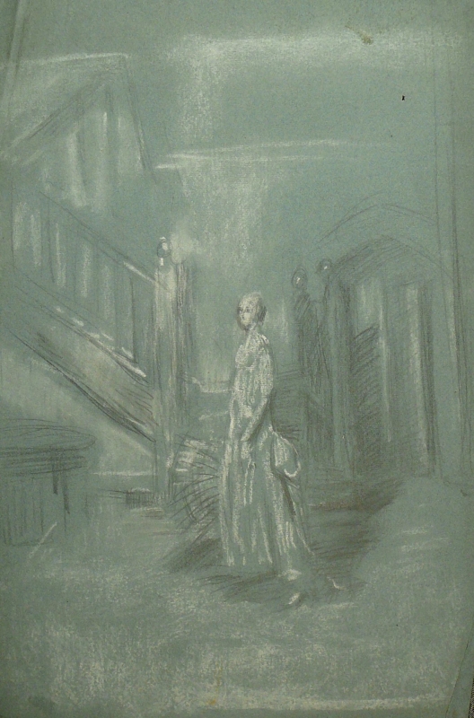 Interior, Lady at the bottom of a staircase