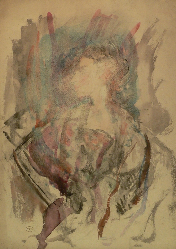 611 Watercolour portrait 3/4 length of a lady in profile
