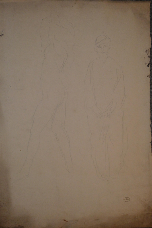 1193 Two figure studies, one nude other clothed, standing facing viewer