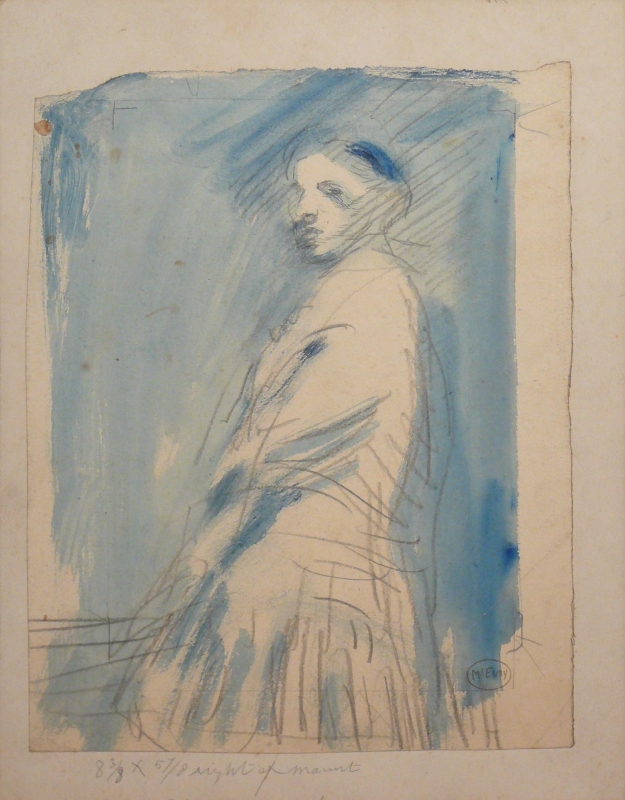 154ch 3/4 length pencil & blue wash study standing ;lady