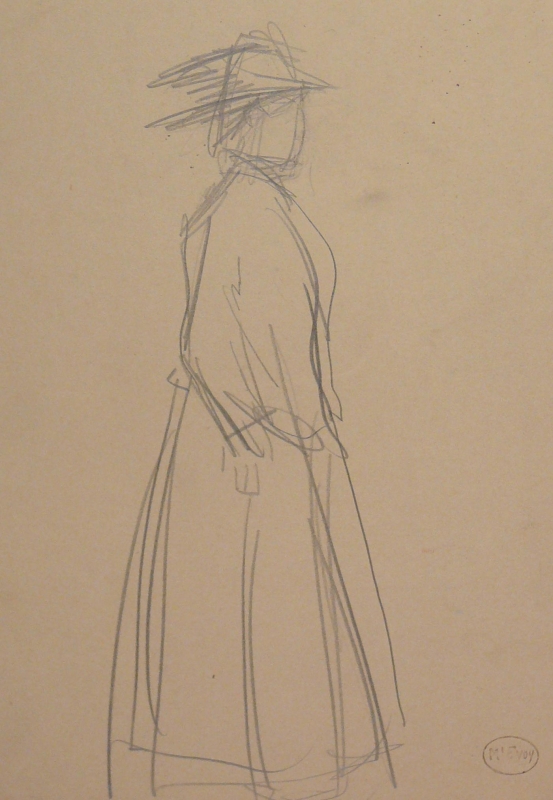 197ch lady profile, hat long dress facing away