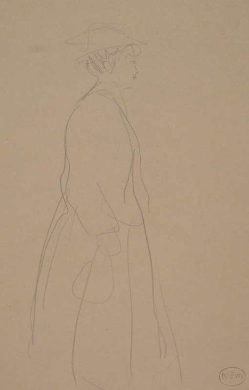 209ch  3/4 length quick study lady in a skirt and hat with a bag facing left.