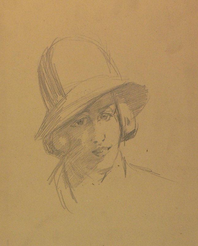 412ch .   Portrait sketch lady in a cloche hat