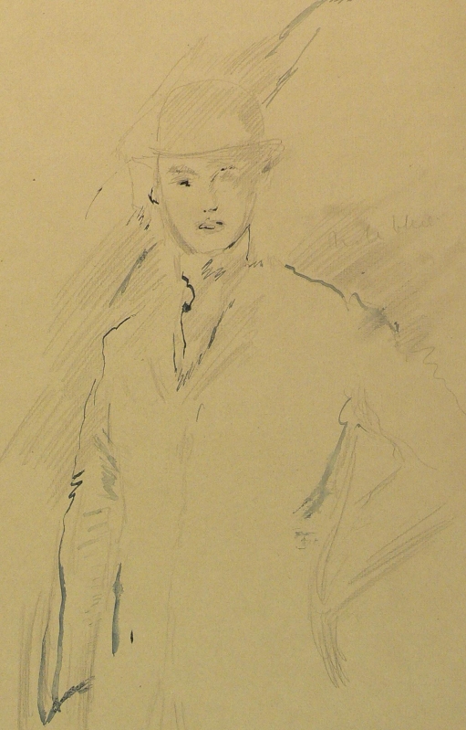Sketch in bowler hat, hand on hip.