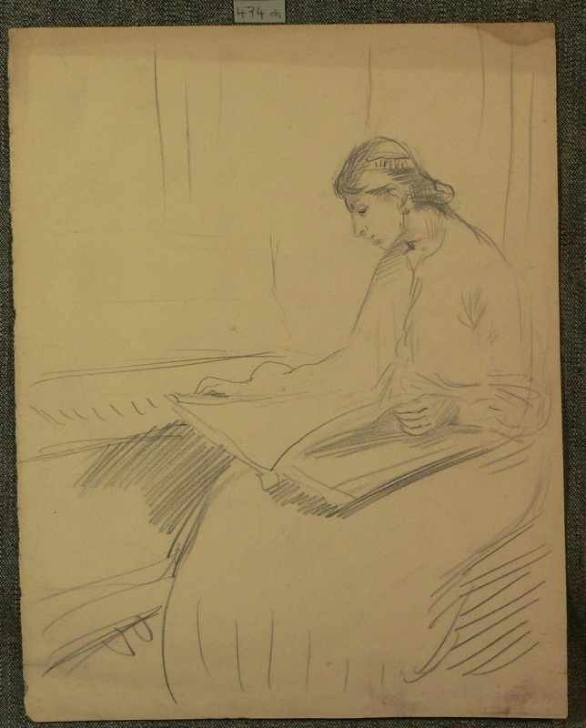 474 ch.  young lady seated, in long dress with a large book resting on her knees. FAMILY?