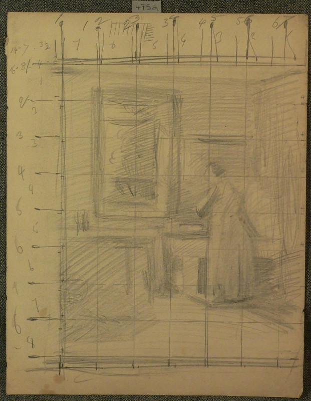 475ch .  study, squared up drawing for an interior, lady at the sink beside large window