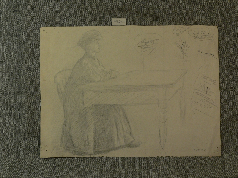 470ch v .   Lady in a hat and long dress seated at a table