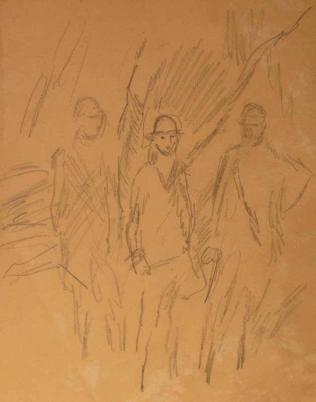 229ch . quick sketch, three figures outdoors in riding gear