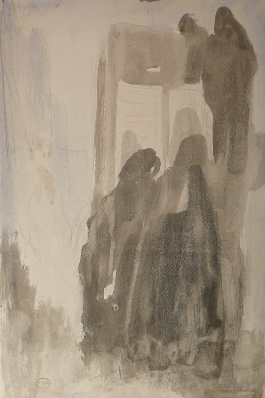 247ch . wash drawing of two figures in a doorway