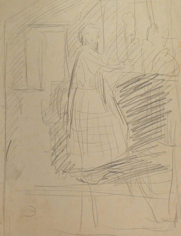 Lady standing by a window, doorway in the background